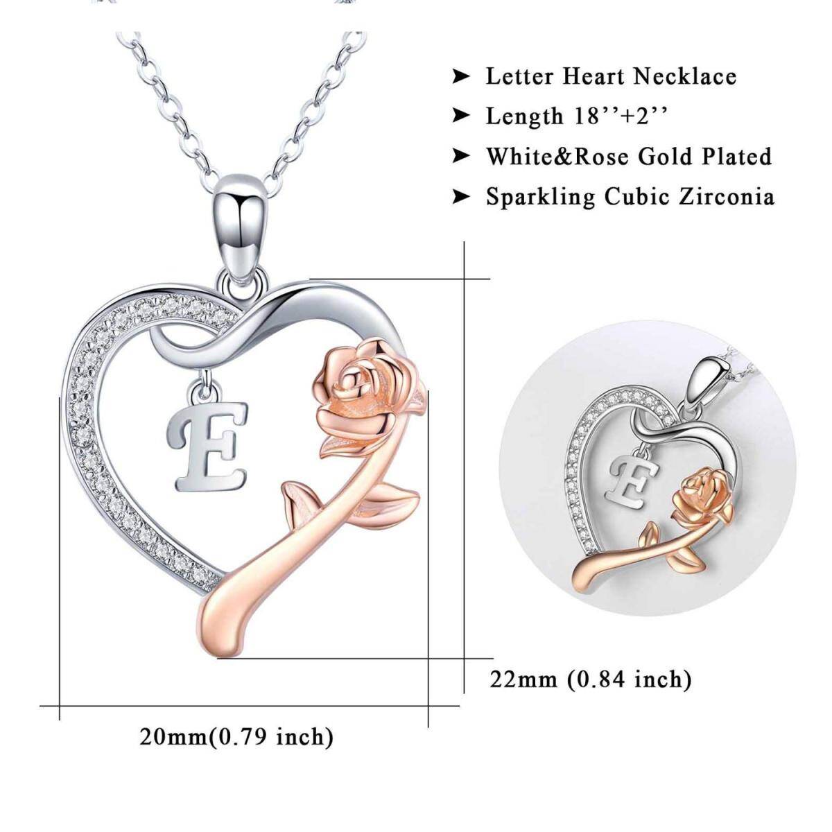 Collier avec pendentif cœur rose en argent sterling et oxyde de zirconium bicolore avec lettre initiale E-5