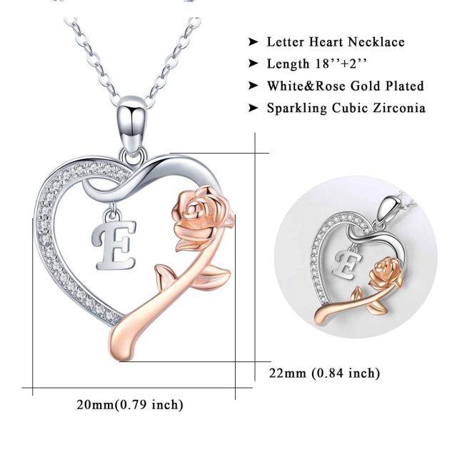 Sterling Silver Two-tone Cubic Zirconia Rose & Heart Pendant Necklace with Initial Letter E-5