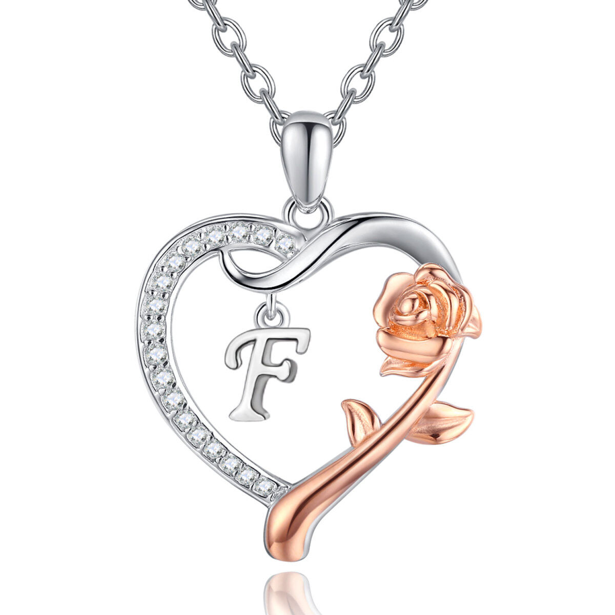 Collar con colgante de corazón de rosa y circonita cúbica de dos tonos en plata de ley con letra inicial F-1