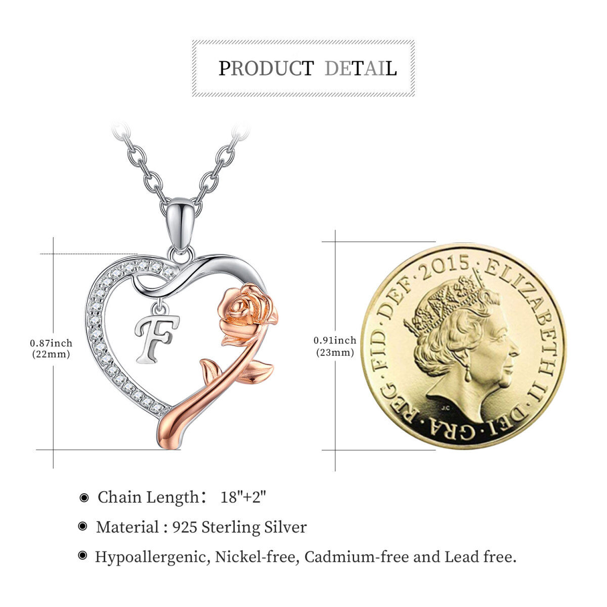 Collier avec pendentif cœur rose en argent sterling et oxyde de zirconium bicolore avec lettre initiale F-4