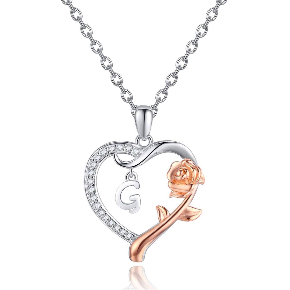 Collar con colgante de corazón de rosa y circonita cúbica de dos tonos en plata de ley con letra inicial G-1