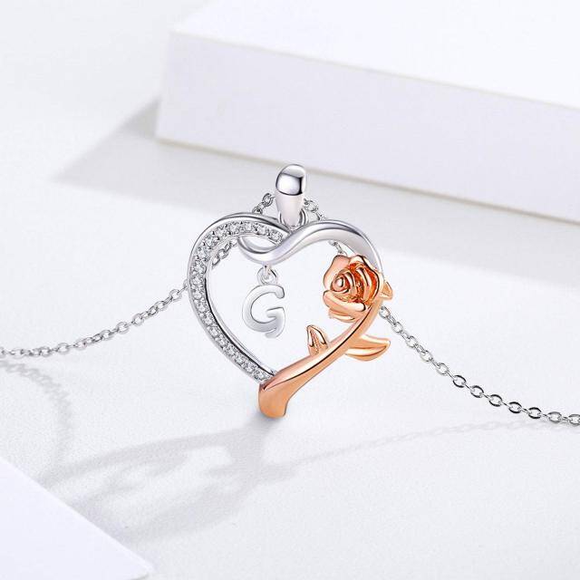 Sterling Silver Two-tone Cubic Zirconia Rose & Heart Pendant Necklace with Initial Letter G-3