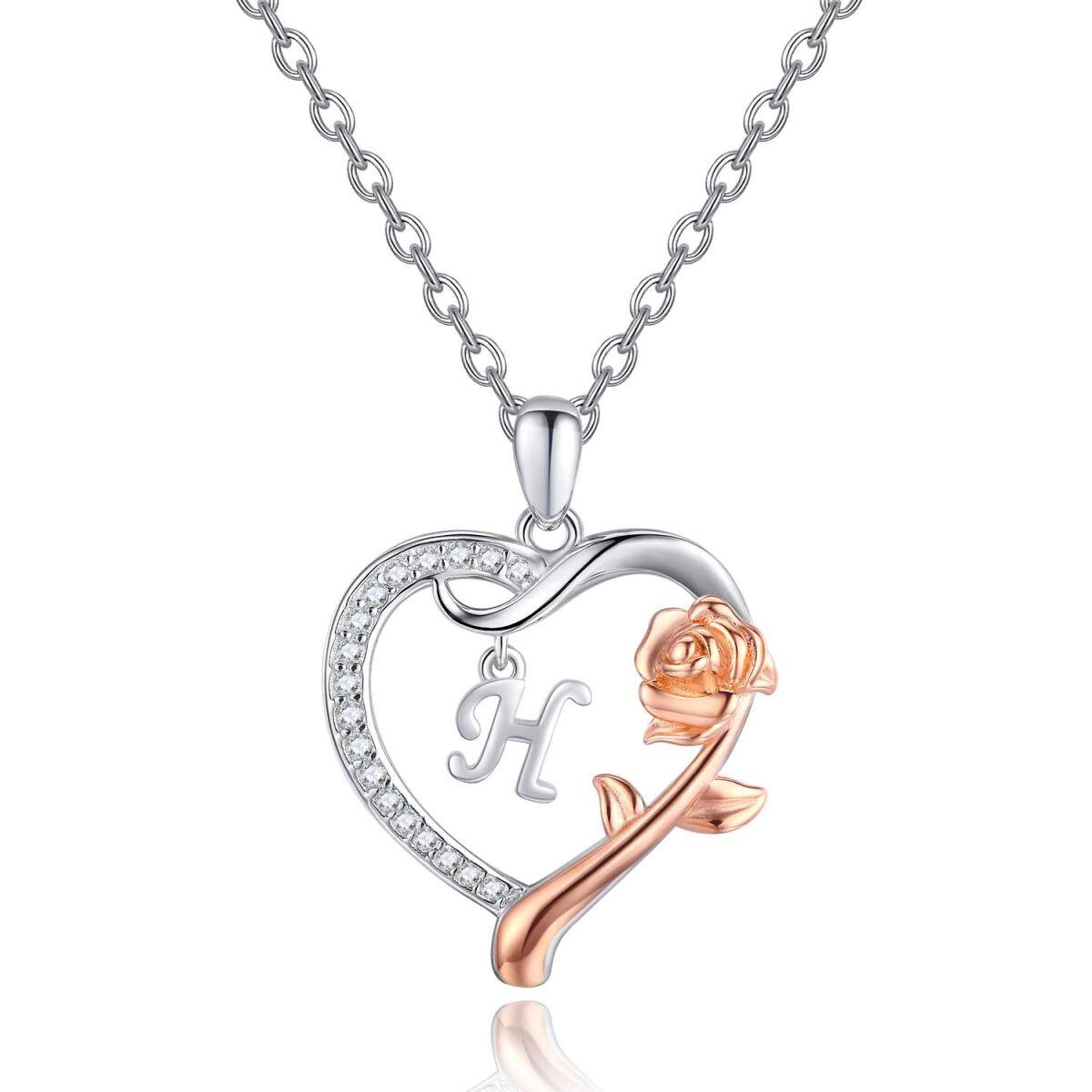 Sterling Silver Two-tone Cubic Zirconia Rose & Heart Pendant Necklace with Initial Letter H-1