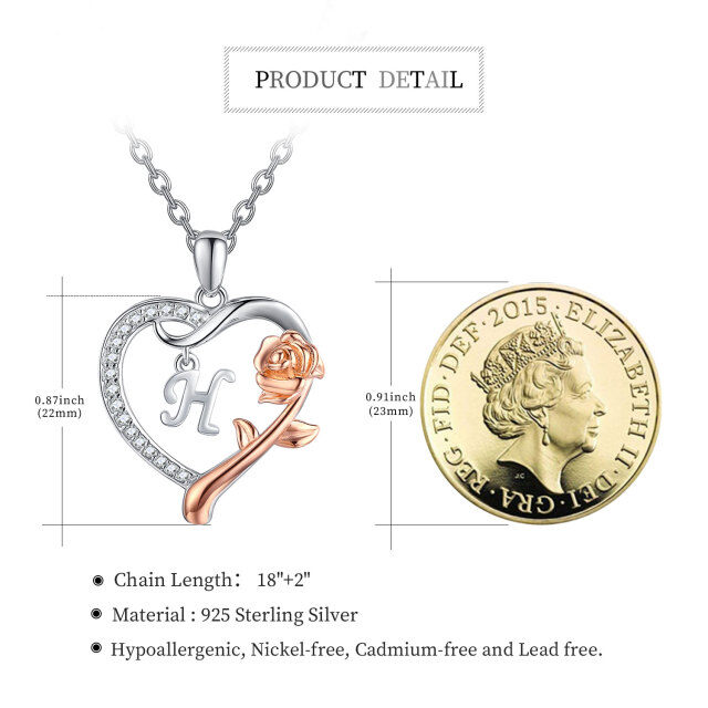 Sterling Silver Two-tone Cubic Zirconia Rose & Heart Pendant Necklace with Initial Letter H-3