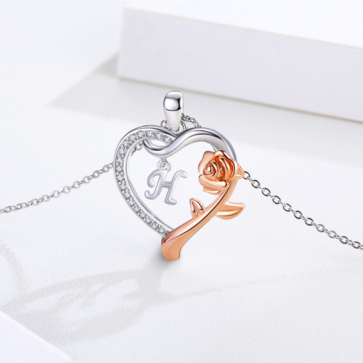 Sterling Silver Two-tone Cubic Zirconia Rose & Heart Pendant Necklace with Initial Letter H-4