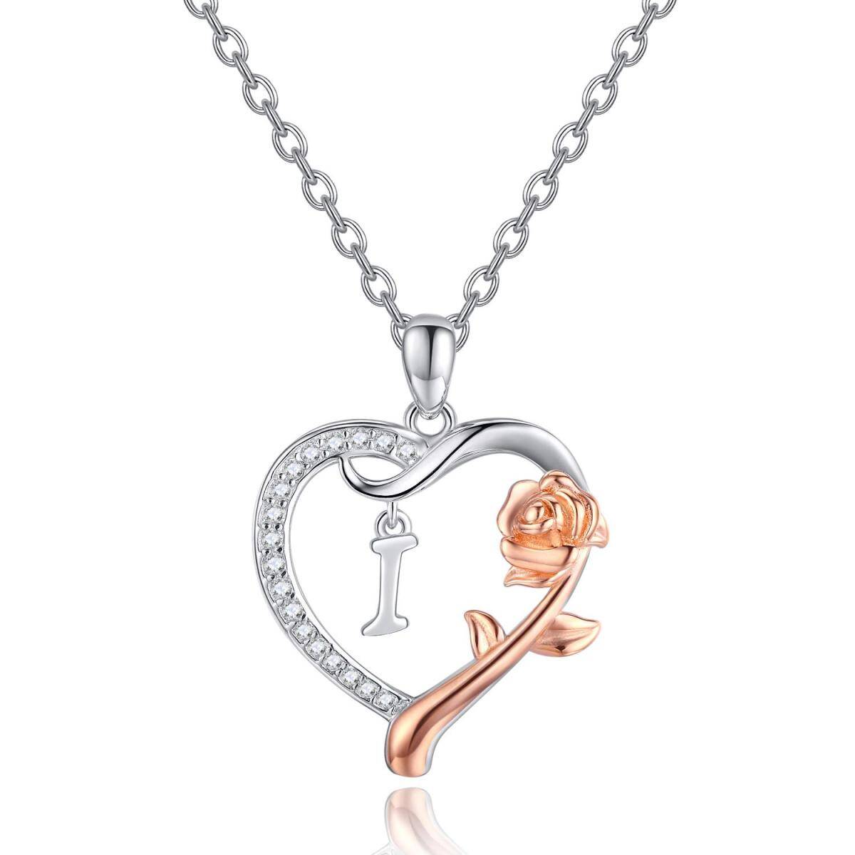 Sterling Silver Two-tone Cubic Zirconia Rose & Heart Pendant Necklace with Initial Letter I-1