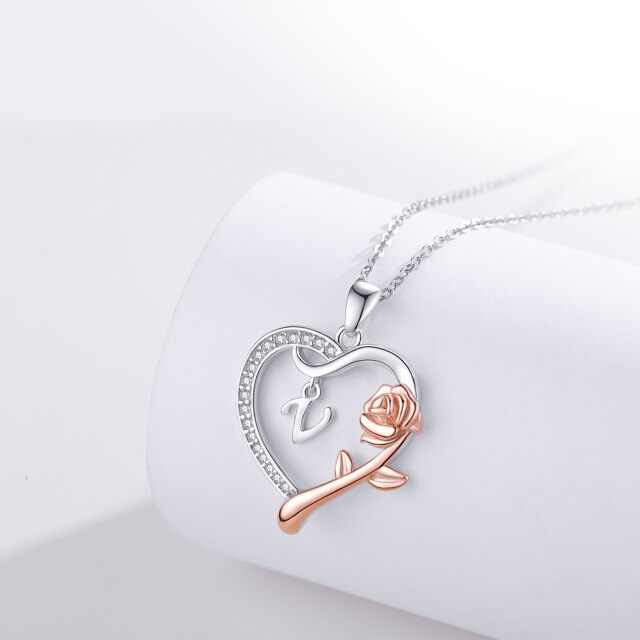 Sterling Silver Two-tone Cubic Zirconia Rose & Heart Pendant Necklace with Initial Letter I-3