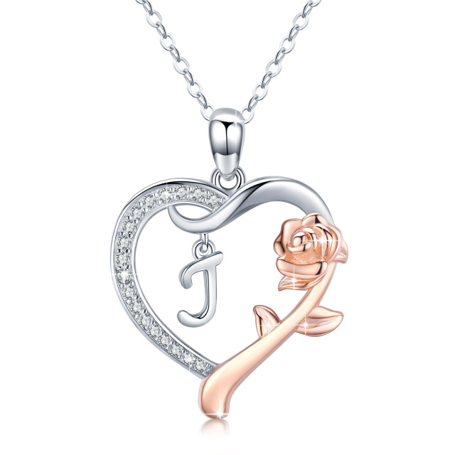 Collana con ciondolo a forma di rosa e cuore in argento sterling bicolore con zirconia cubica e lettera iniziale J-1