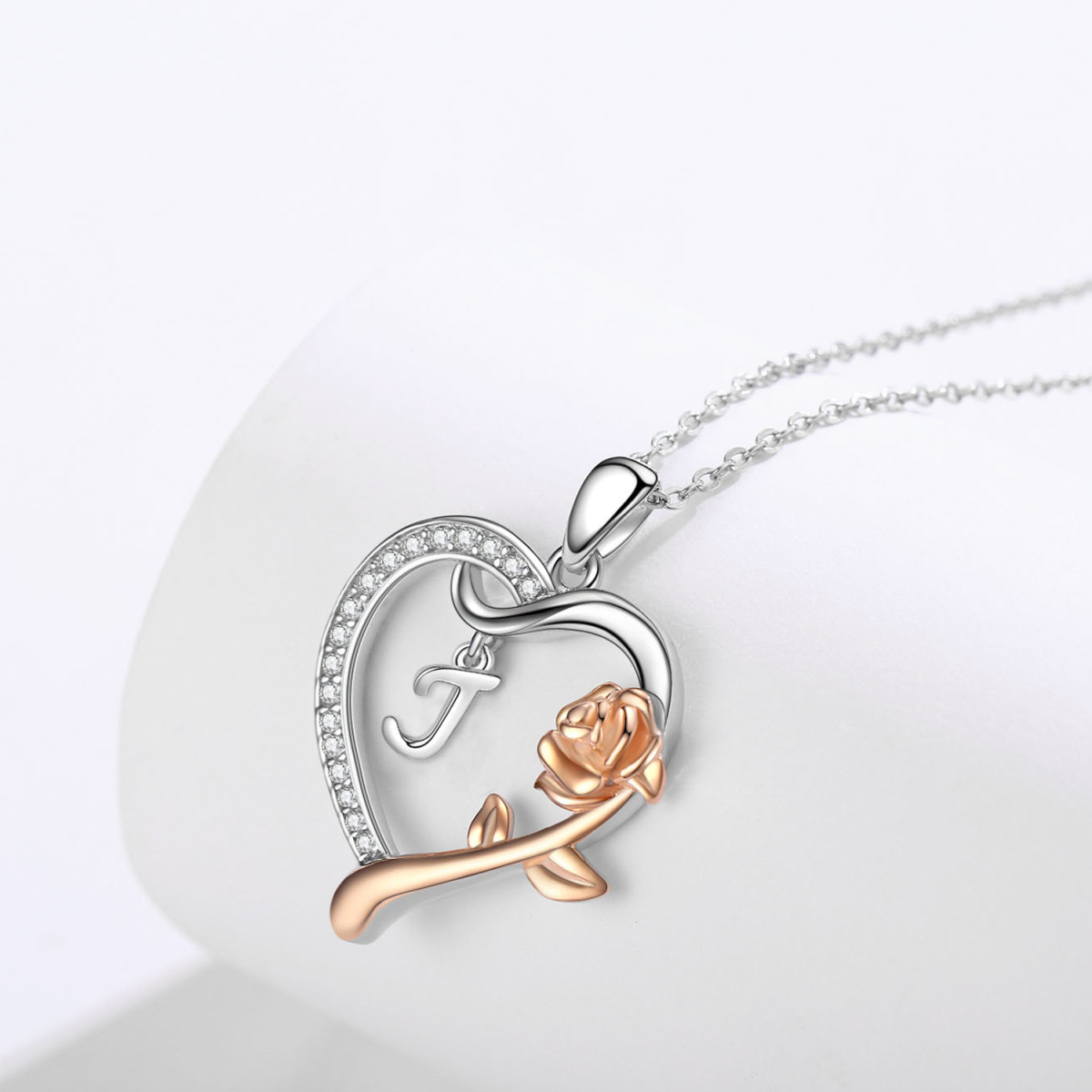 Sterling Silver Two-tone Cubic Zirconia Rose & Heart Pendant Necklace with Initial Letter J-4