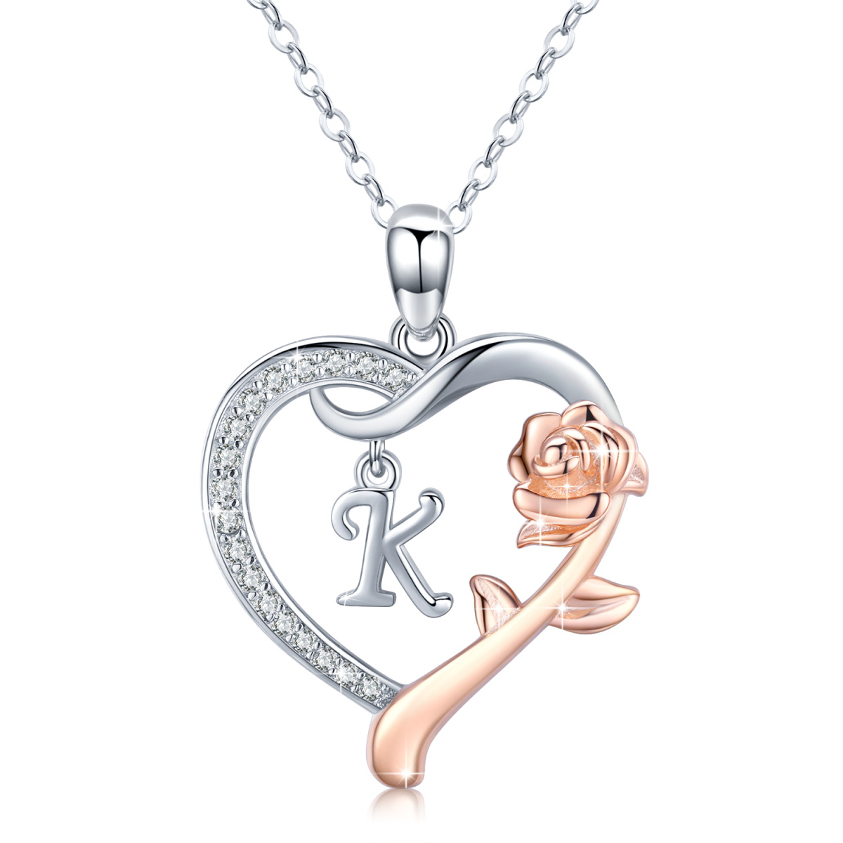 Sterling Silver Two-tone Cubic Zirconia Rose & Heart Pendant Necklace with Initial Letter K-1