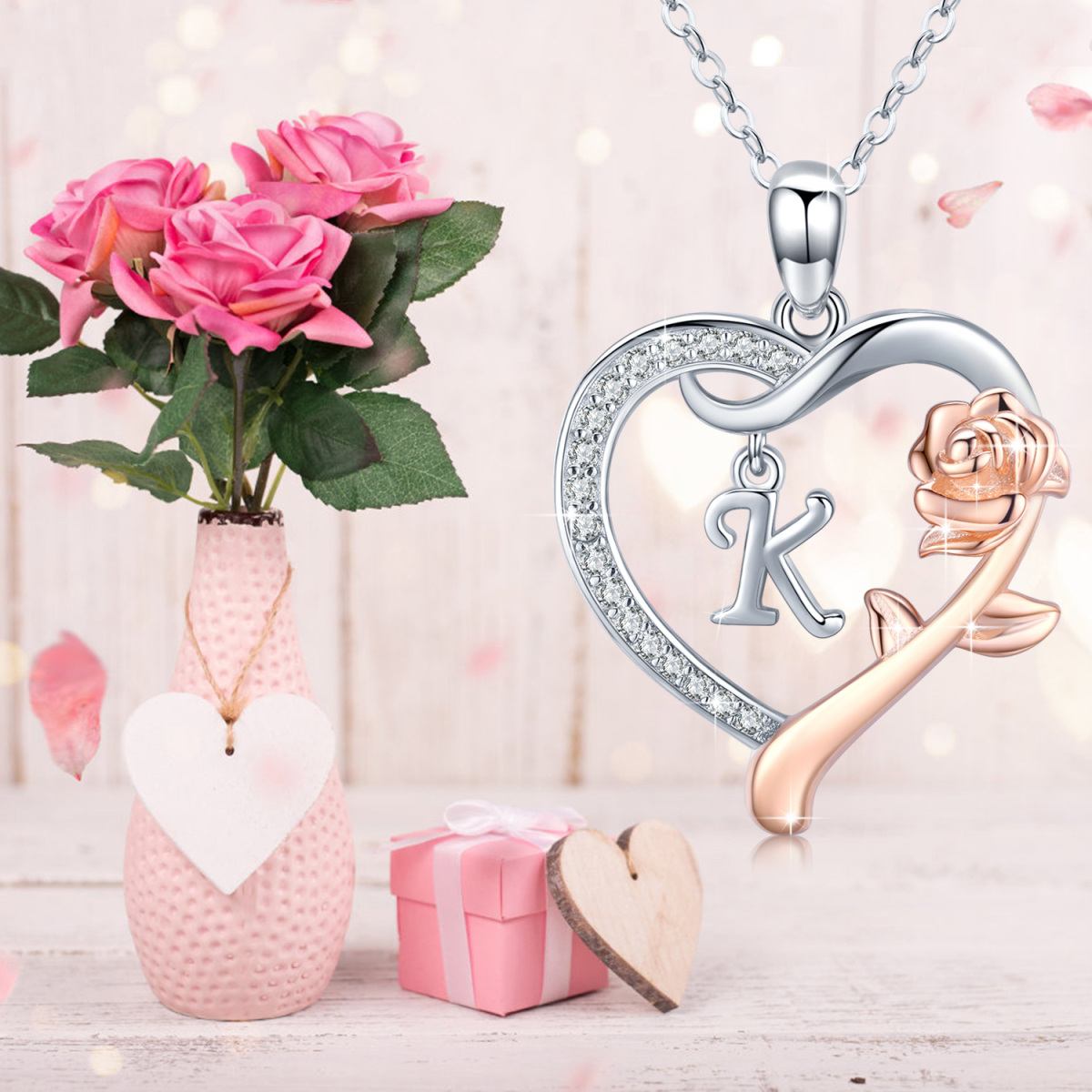 Sterling Silver Two-tone Cubic Zirconia Rose & Heart Pendant Necklace with Initial Letter K-4