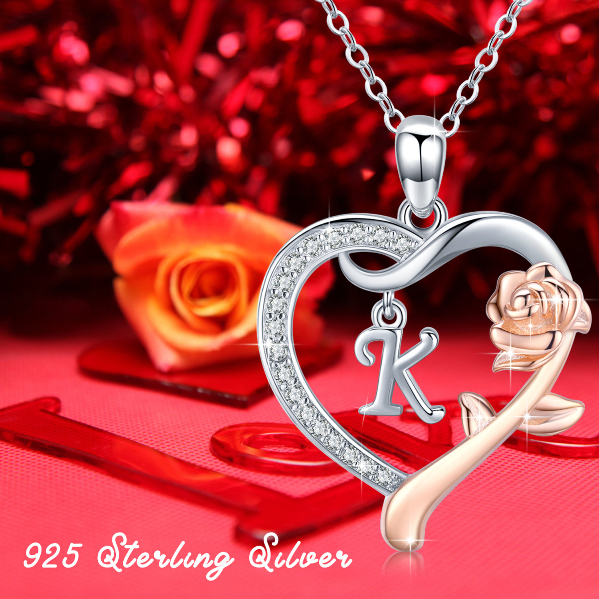 Sterling Silver Two-tone Cubic Zirconia Rose & Heart Pendant Necklace with Initial Letter K-5