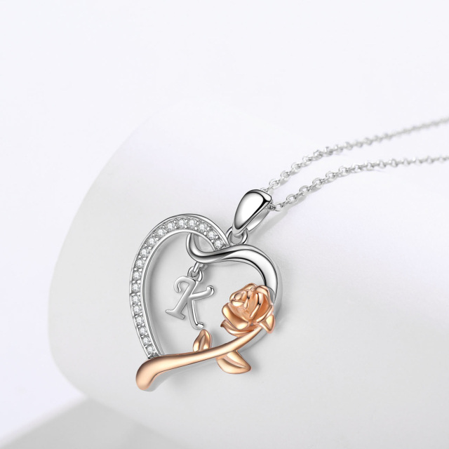 Sterling Silver Two-tone Cubic Zirconia Rose & Heart Pendant Necklace with Initial Letter K-6