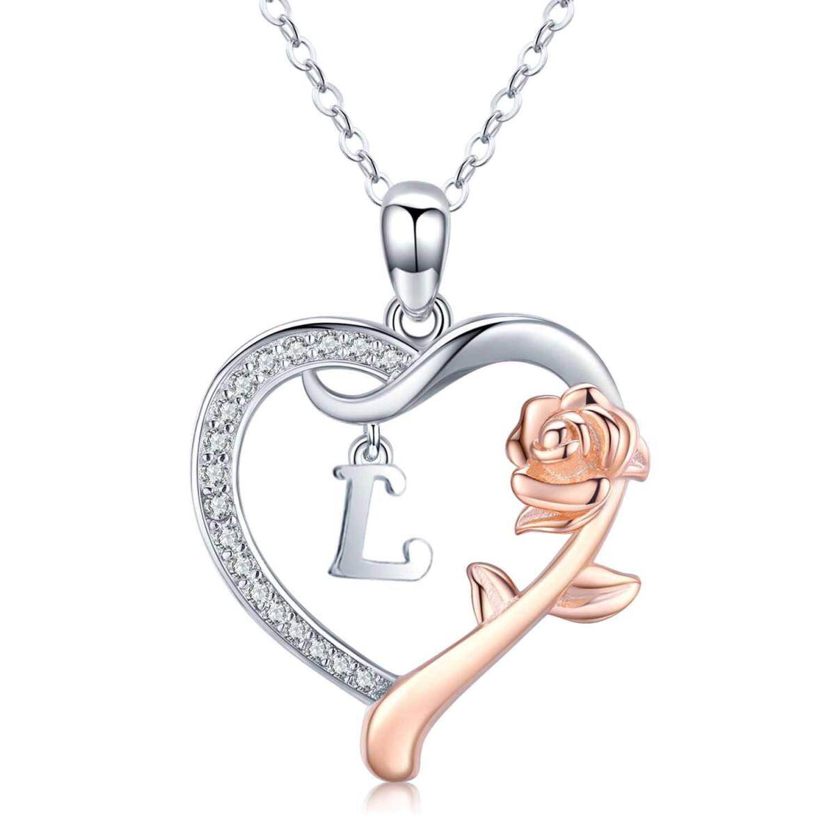 Sterling Silver Two-tone Cubic Zirconia Rose & Heart Pendant Necklace with Initial Letter L-1