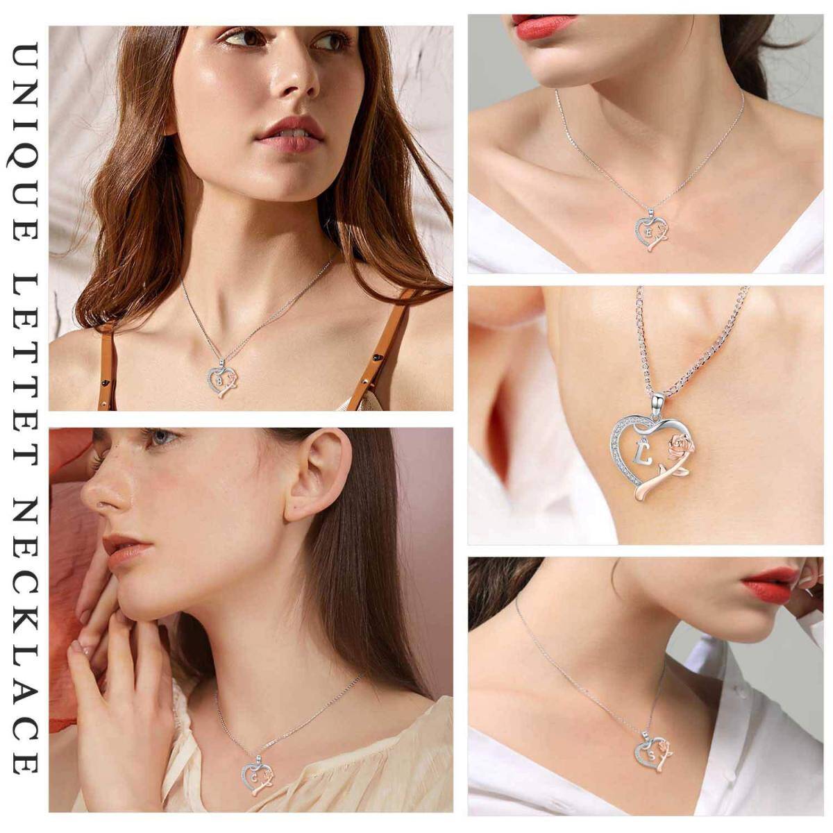 Collar con colgante de corazón de rosa y circonita cúbica de dos tonos en plata de ley con letra inicial L-3