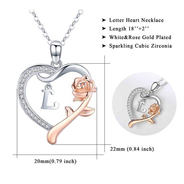 Sterling Silver Two-tone Cubic Zirconia Rose & Heart Pendant Necklace with Initial Letter L-4