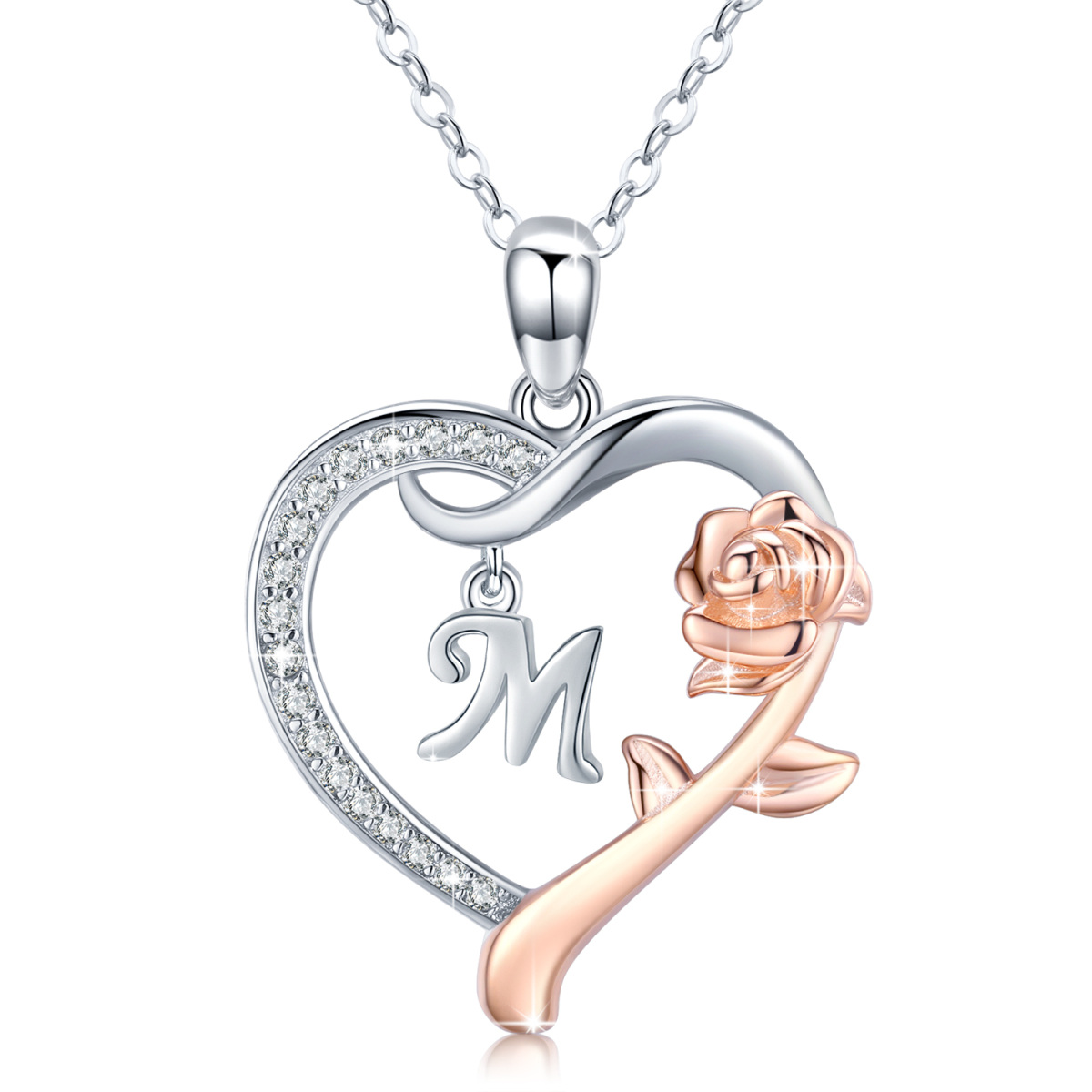 Sterling Silver Two-tone Cubic Zirconia Rose & Heart Pendant Necklace with Initial Letter M-1