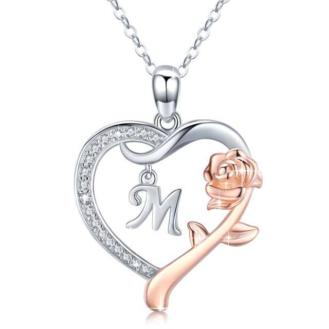 Collier avec pendentif cœur rose en argent sterling et oxyde de zirconium bicolore avec lettre initiale M-1