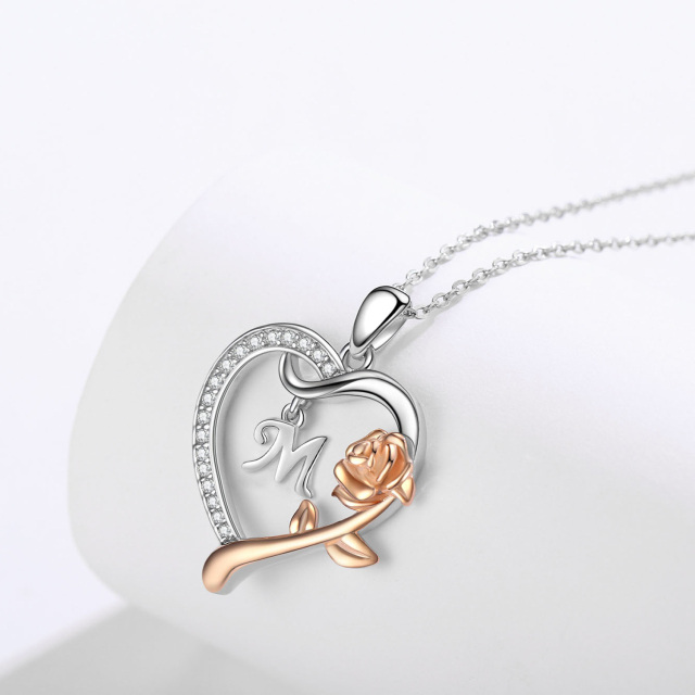 Sterling Silver Two-tone Cubic Zirconia Rose & Heart Pendant Necklace with Initial Letter M-5