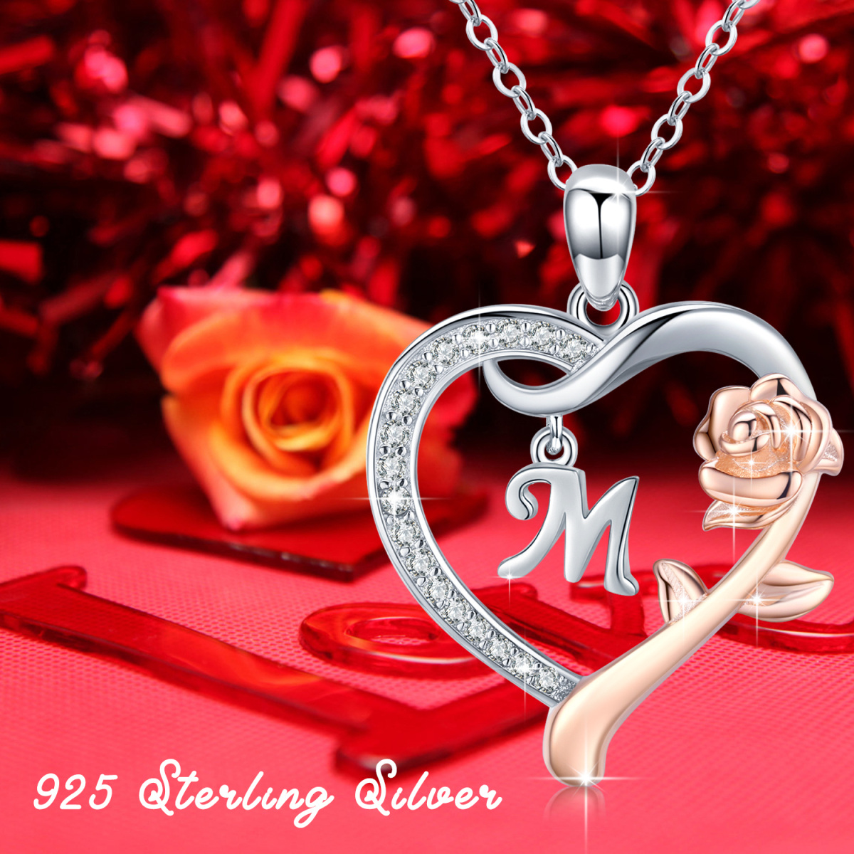 Sterling Silver Two-tone Cubic Zirconia Rose & Heart Pendant Necklace with Initial Letter M-8