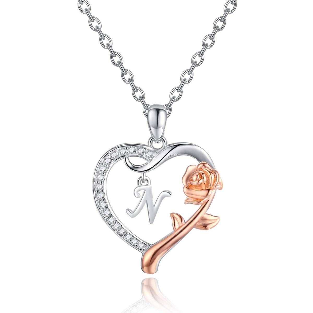 Sterling Silver Two-tone Cubic Zirconia Rose & Heart Pendant Necklace with Initial Letter N-1