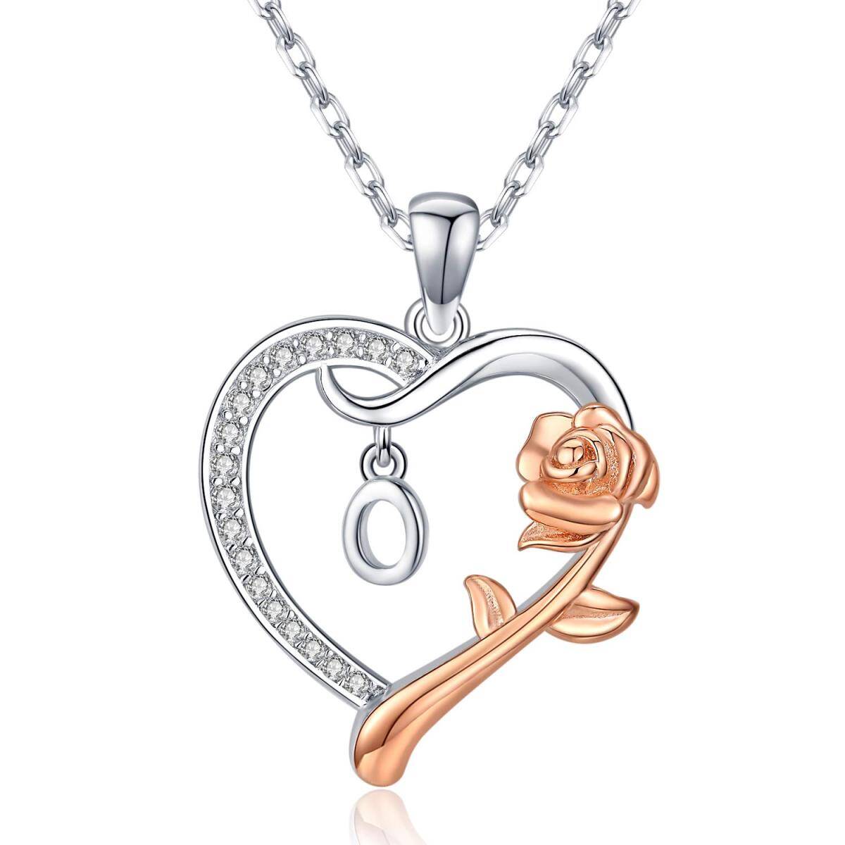 Sterling Silver Two-tone Cubic Zirconia Rose & Heart Pendant Necklace with Initial Letter O-1