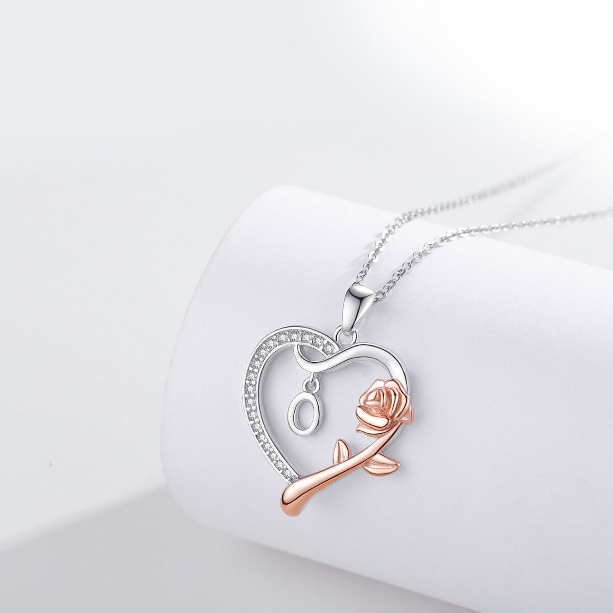 Sterling Silver Two-tone Cubic Zirconia Rose & Heart Pendant Necklace with Initial Letter O-4