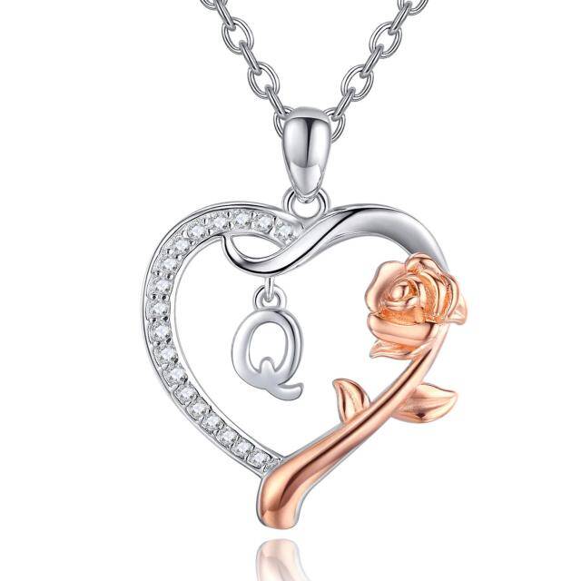 Sterling Silver Two-tone Cubic Zirconia Rose & Heart Pendant Necklace with Initial Letter Q-1