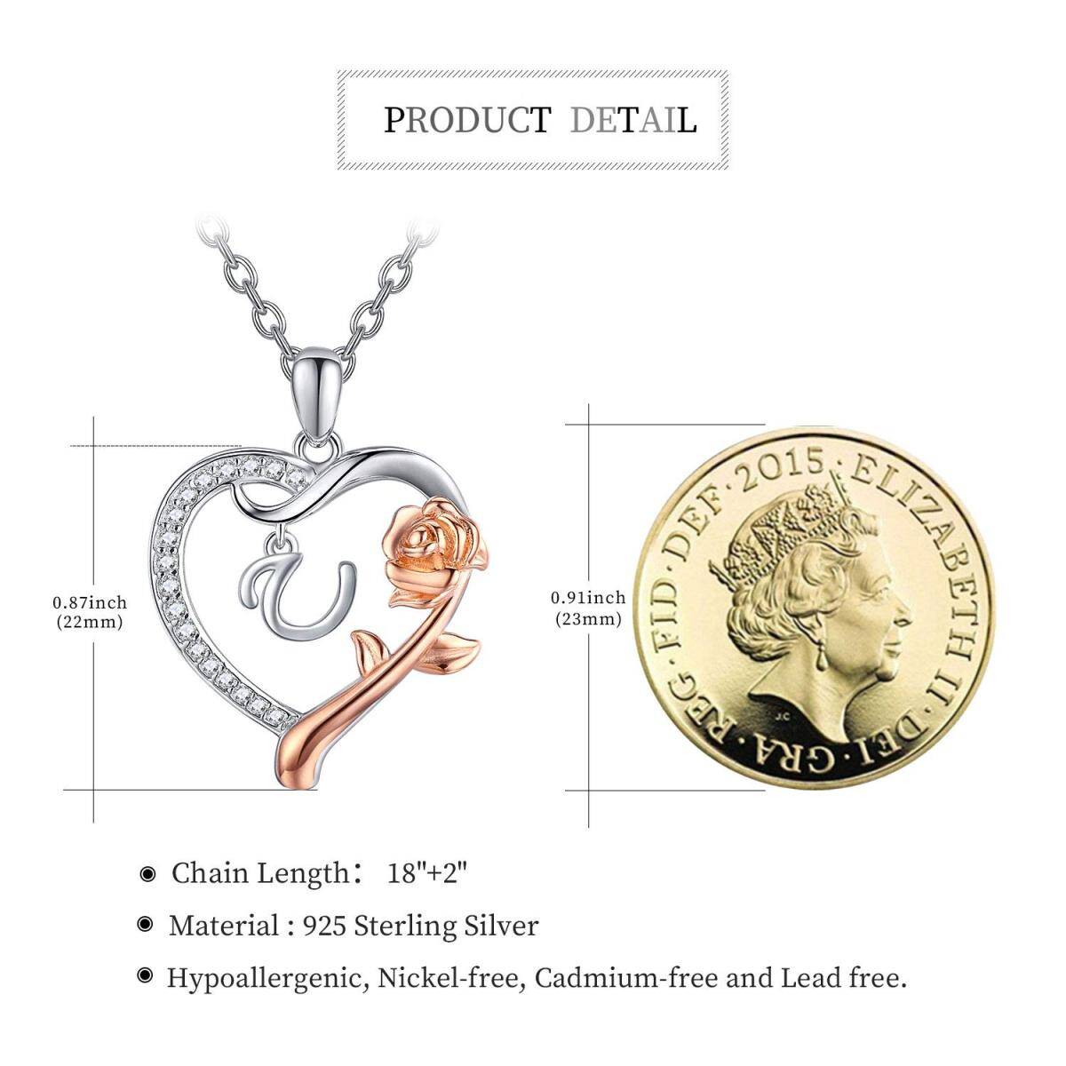 Sterling Silver Two-tone Cubic Zirconia Rose & Heart Pendant Necklace with Initial Letter T-4