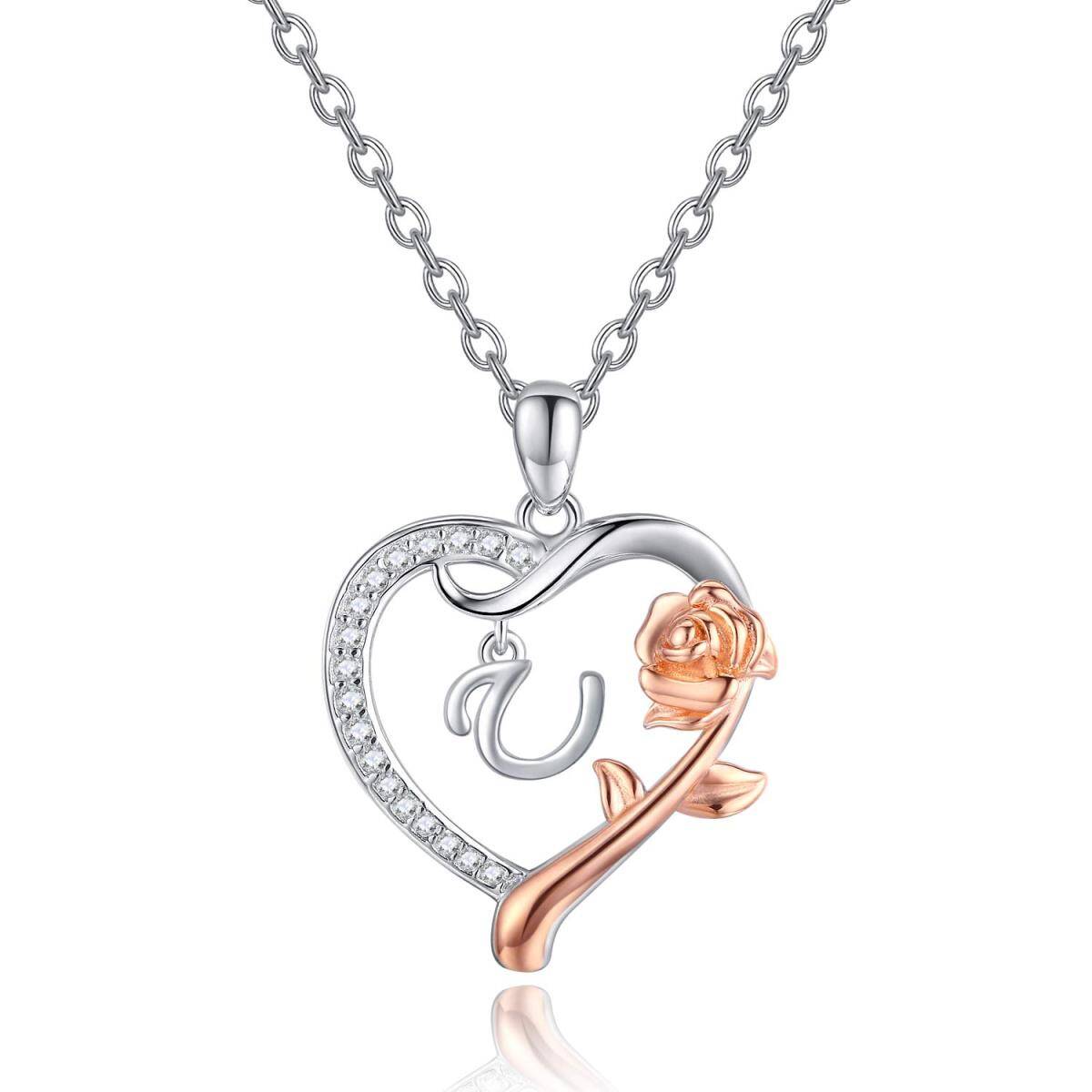 Sterling Silver Two-tone Cubic Zirconia Rose & Heart Pendant Necklace with Initial Letter U-1