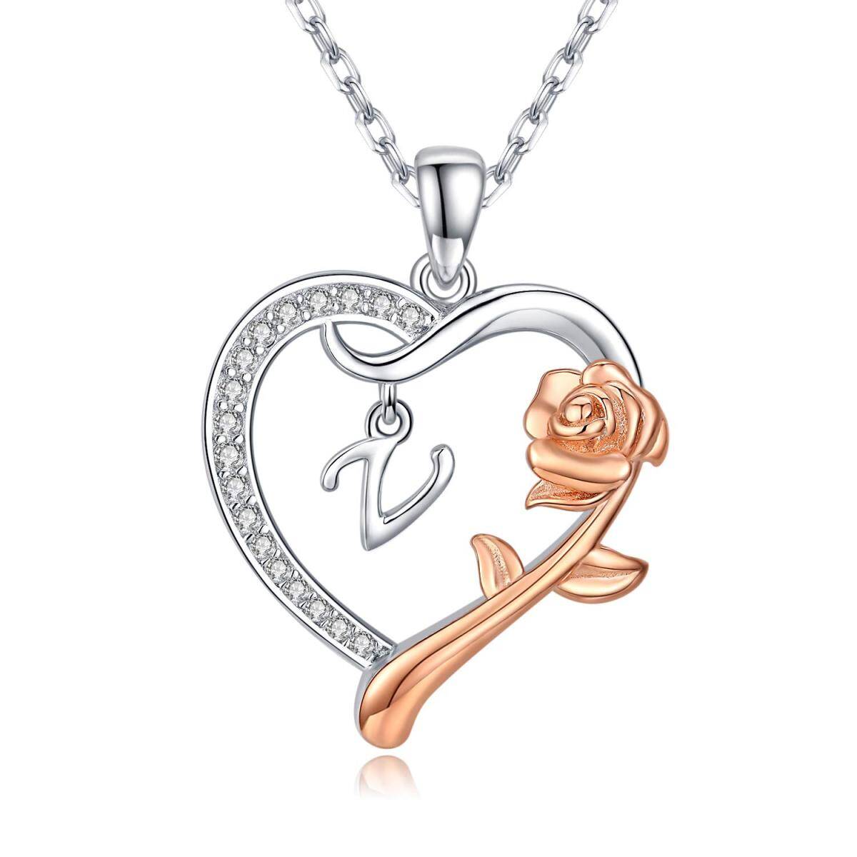 Sterling Silver Two-tone Cubic Zirconia Rose & Heart Pendant Necklace with Initial Letter V-1