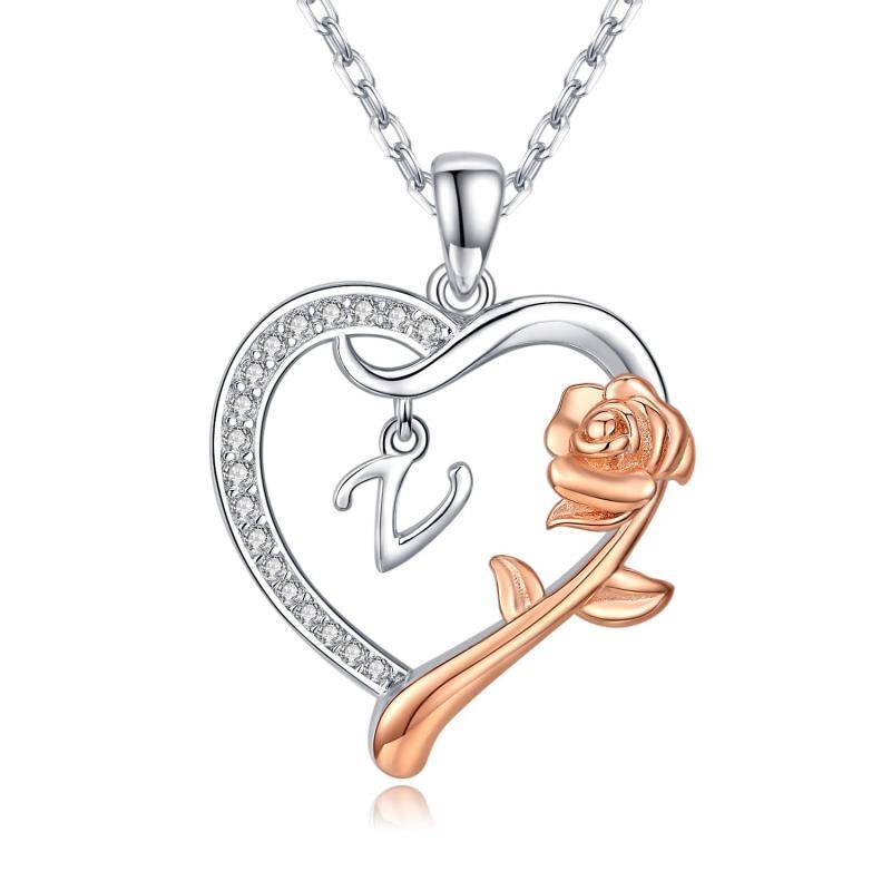 Sterling Silver Two-tone Cubic Zirconia Rose & Heart Pendant Necklace with Initial Letter V-1
