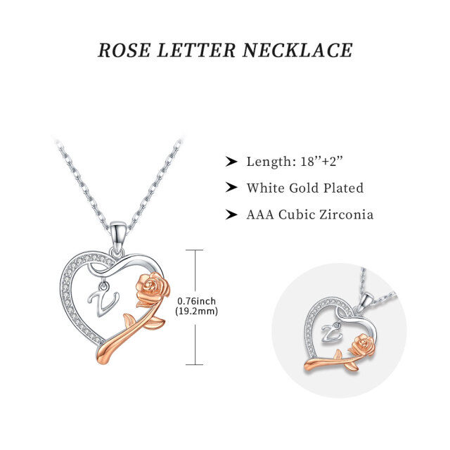 Sterling Silver Two-tone Cubic Zirconia Rose & Heart Pendant Necklace with Initial Letter V-4