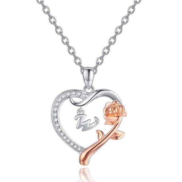 Sterling Silver Two-tone Cubic Zirconia Rose & Heart Pendant Necklace with Initial Letter W-1