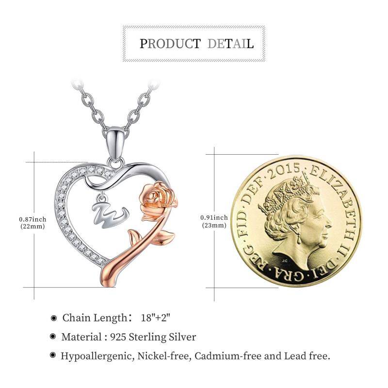 Sterling Silver Two-tone Cubic Zirconia Rose & Heart Pendant Necklace with Initial Letter W-4