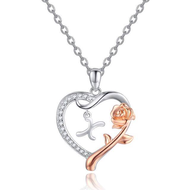 Sterling Silver Two-tone Cubic Zirconia Rose & Heart Pendant Necklace with Initial Letter X-1