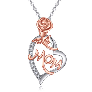 Sterling Silver Two-tone Cubic Zirconia Rose & Heart Pendant Necklace with Engraved Word-4