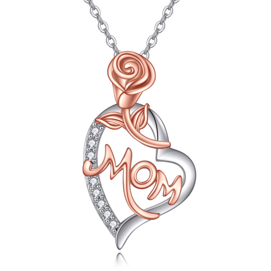 Sterling Silver Two-tone Cubic Zirconia Rose & Heart Pendant Necklace with Engraved Word