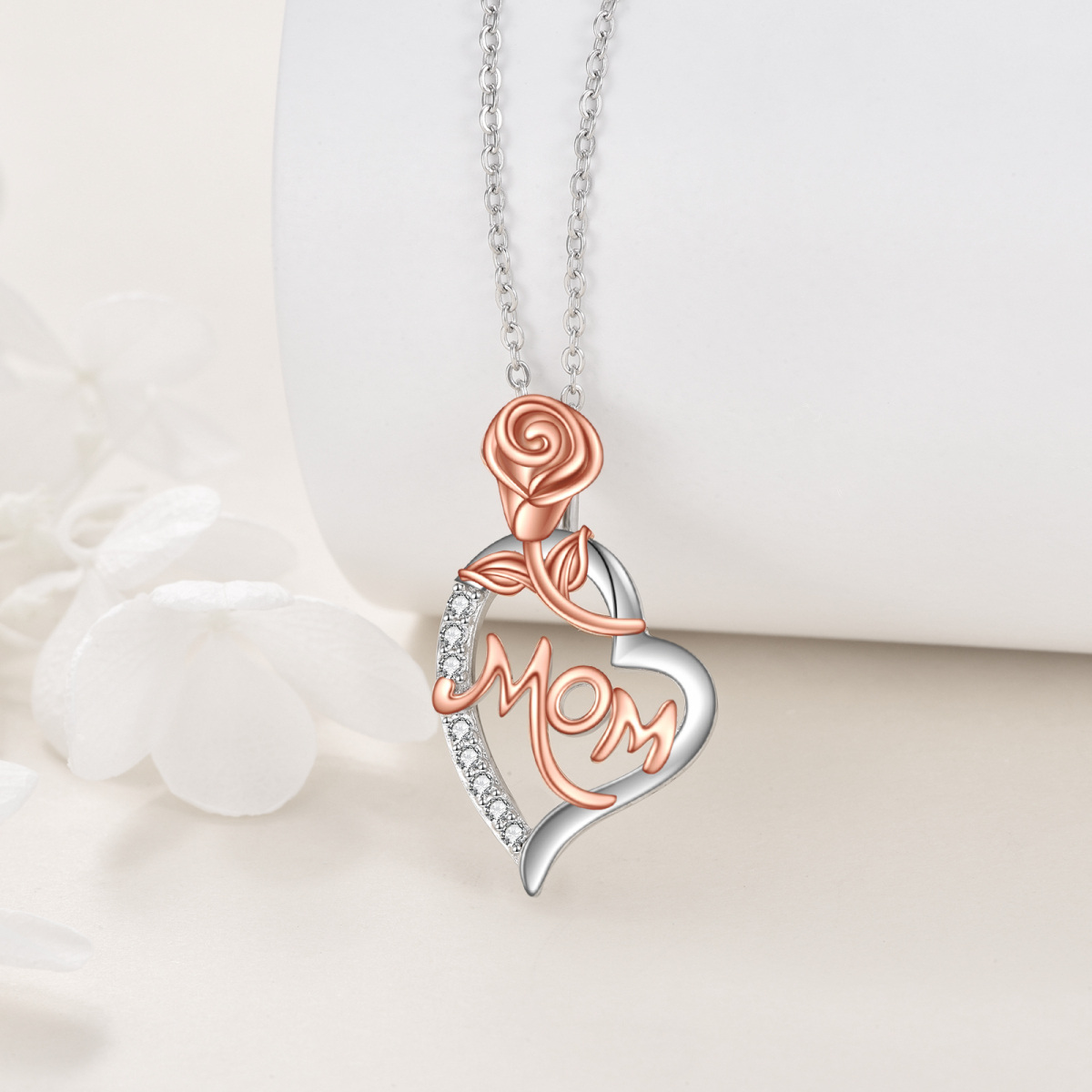 Sterling Silver Two-tone Cubic Zirconia Rose & Heart Pendant Necklace with Engraved Word-4