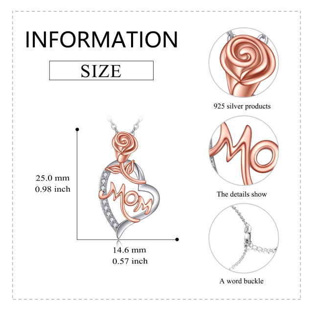 Srebrny, dwukolorowy naszyjnik z różą i sercem z cyrkoniami i wygrawerowanym słowem-5
