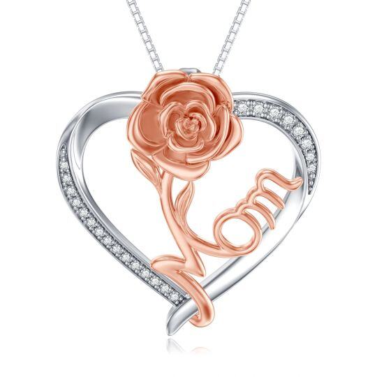 Sterling Silver Two-tone Cubic Zirconia Rose & Heart Pendant Necklace with Engraved Word