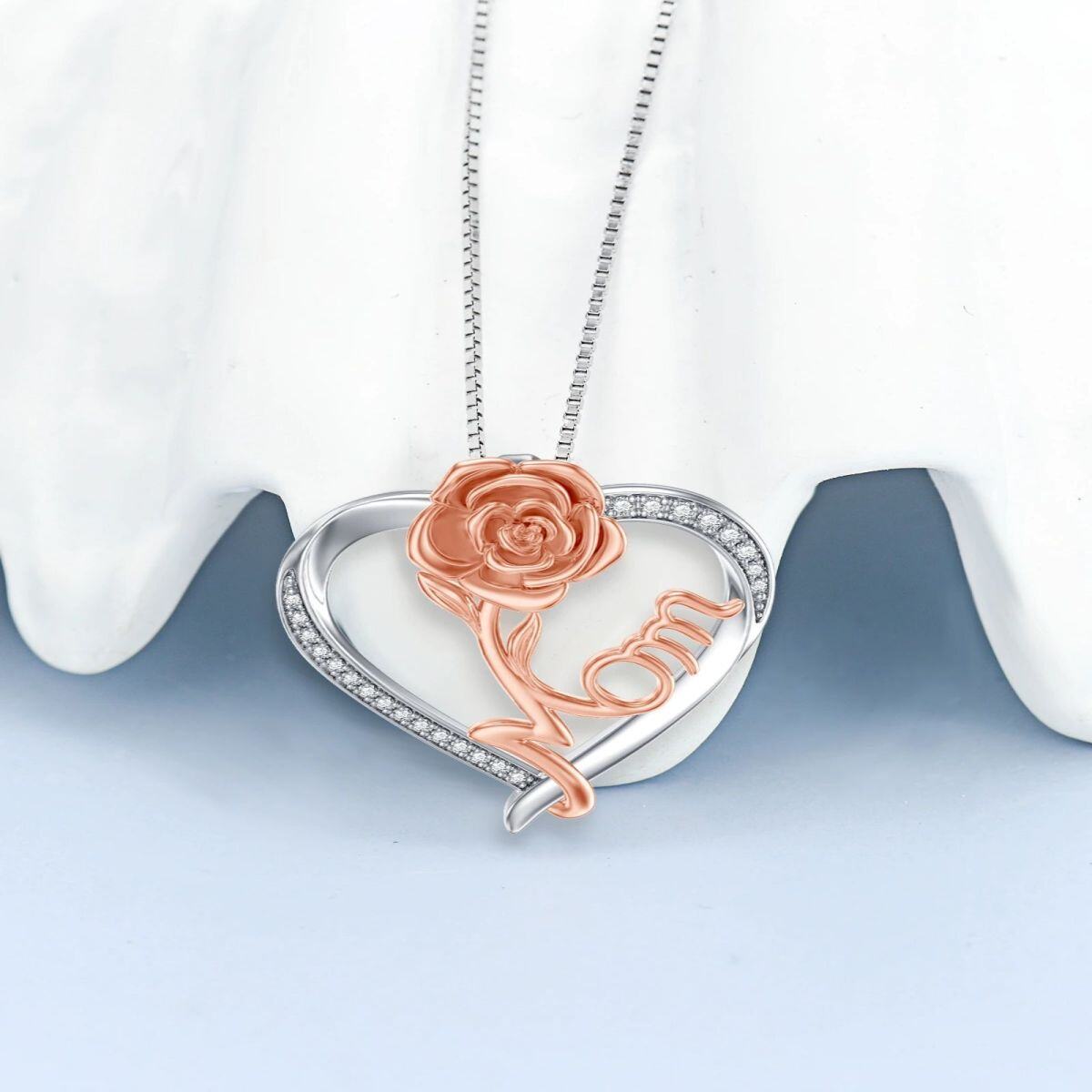 Sterling Silver Two-tone Cubic Zirconia Rose & Heart Pendant Necklace with Engraved Word-3