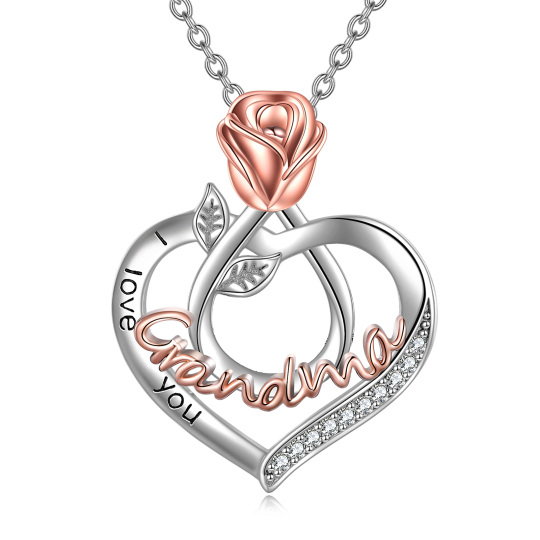 Collana con ciondolo a forma di rosa e cuore in argento bicolore con zirconia cubica e parola incisa