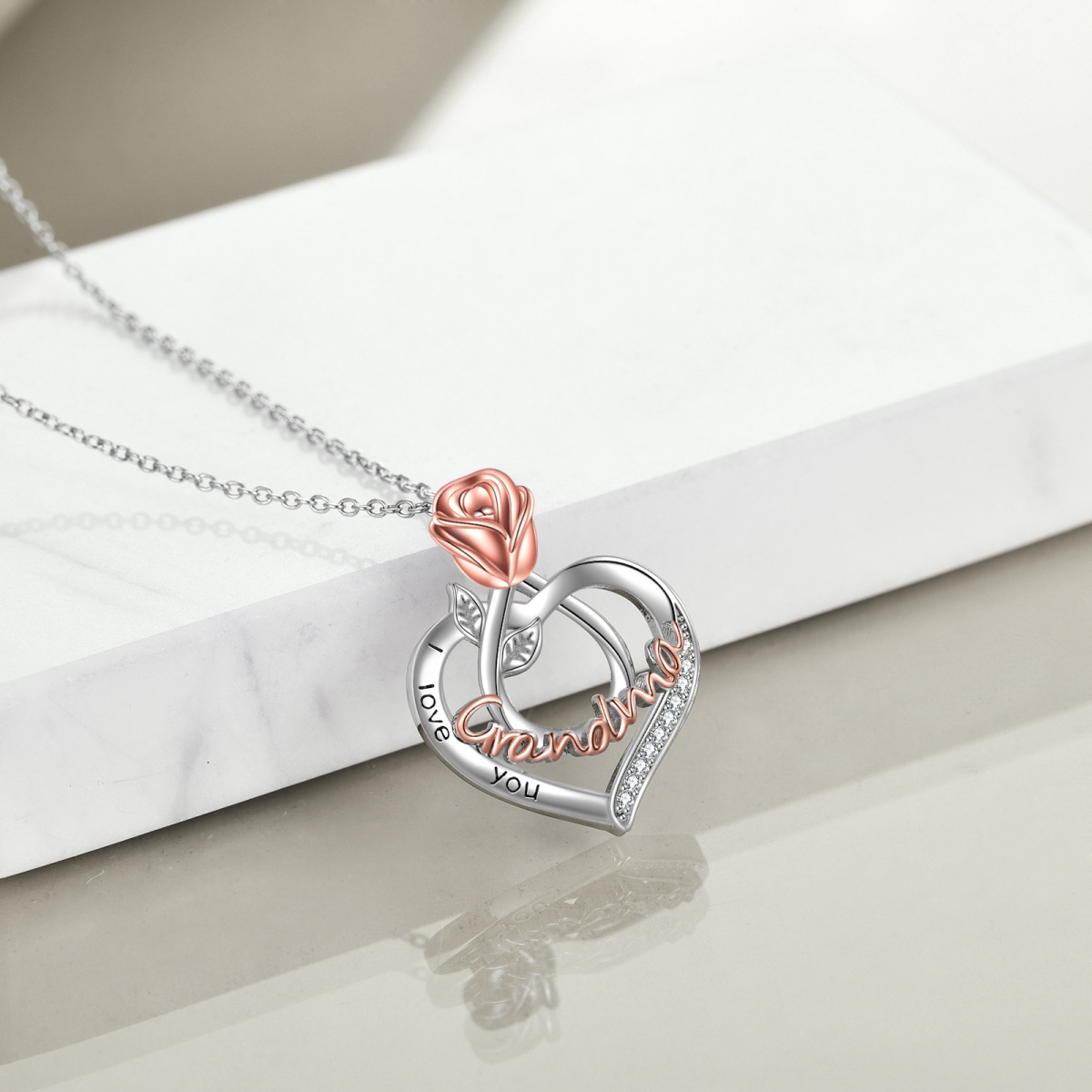 Sterling Silver Two-tone Cubic Zirconia Rose & Heart Pendant Necklace with Engraved Word-5