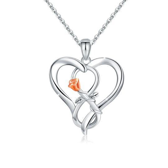 Collana con ciondolo a forma di rosa e cuore in argento sterling bicolore