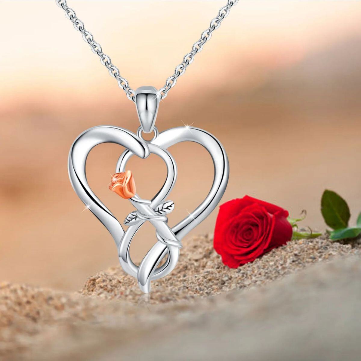 Collier en argent sterling avec pendentif rose et cœur bicolore-5