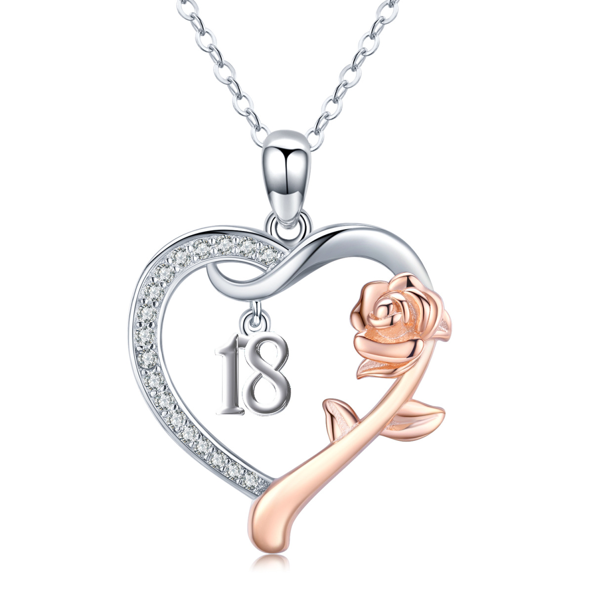 Collar con colgante con nombre clásico personalizado en forma de corazón de rosa de dos tonos en plata esterlina para mujer-1