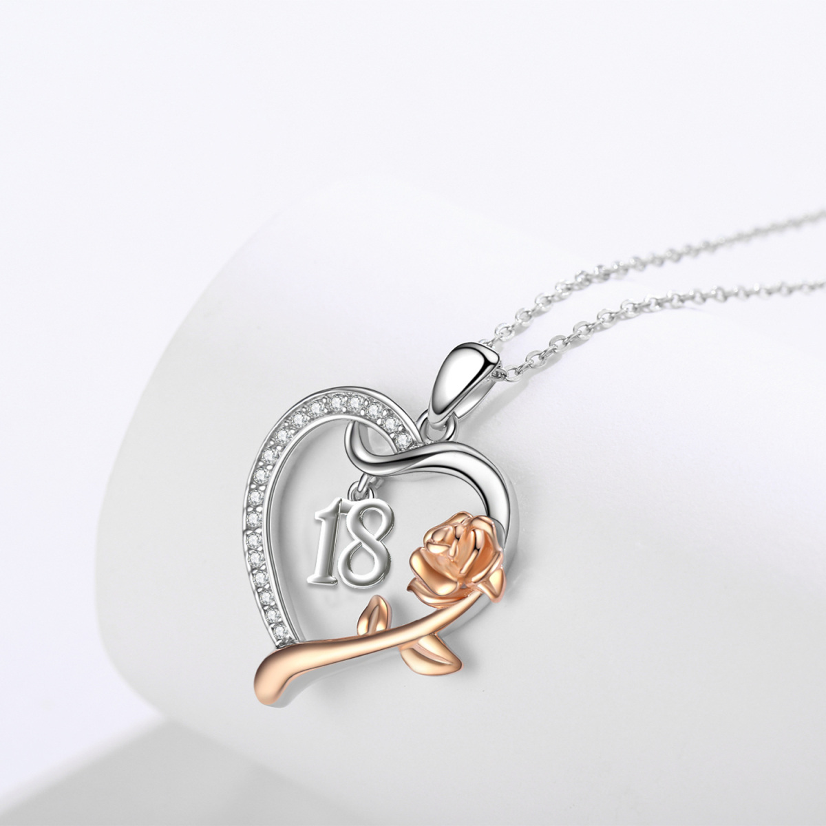 Collar con colgante de corazón de rosa en dos tonos de plata esterlina para mujer-3