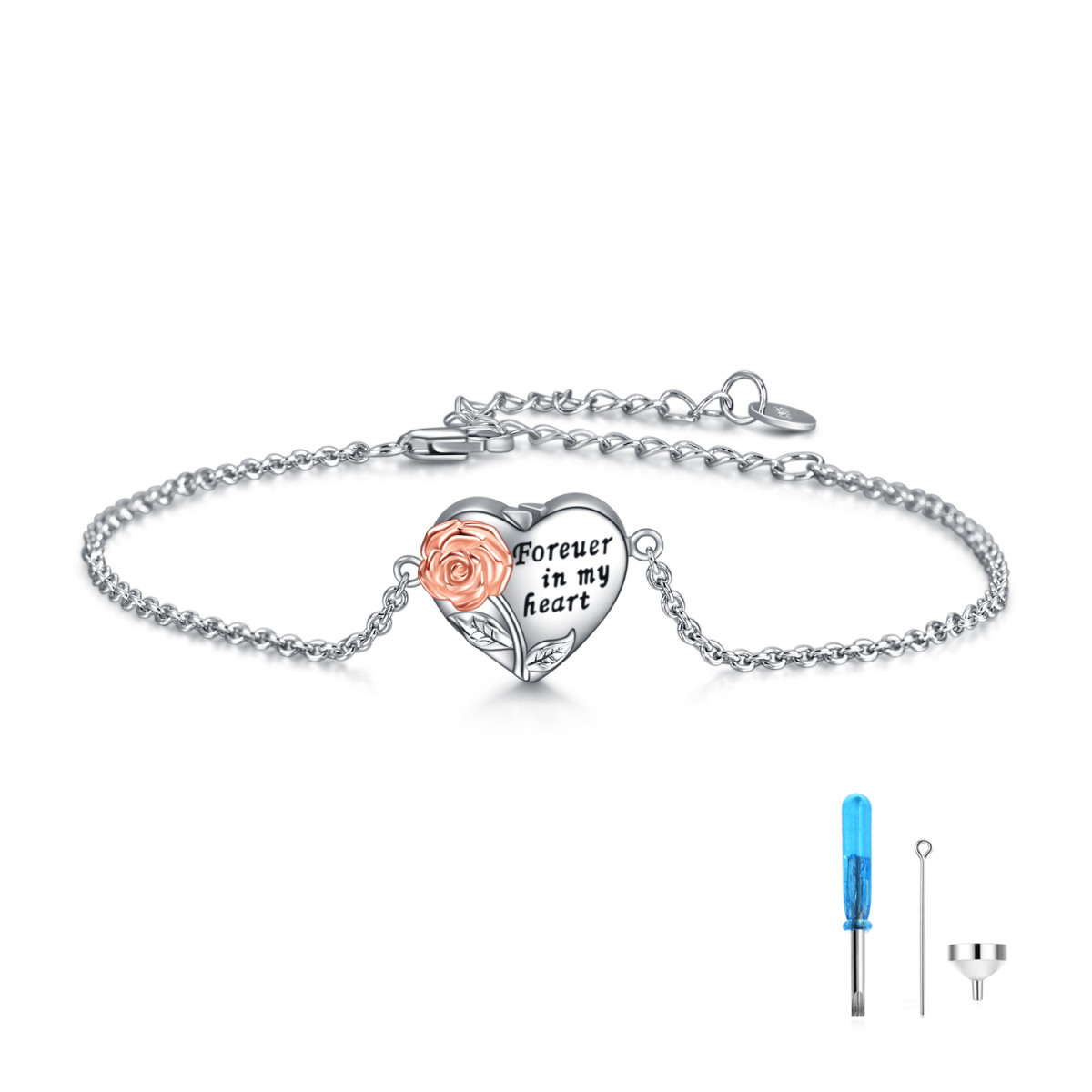 Bracelet en argent sterling pour cendres avec mot gravé, bicolore, rose et coeur-1