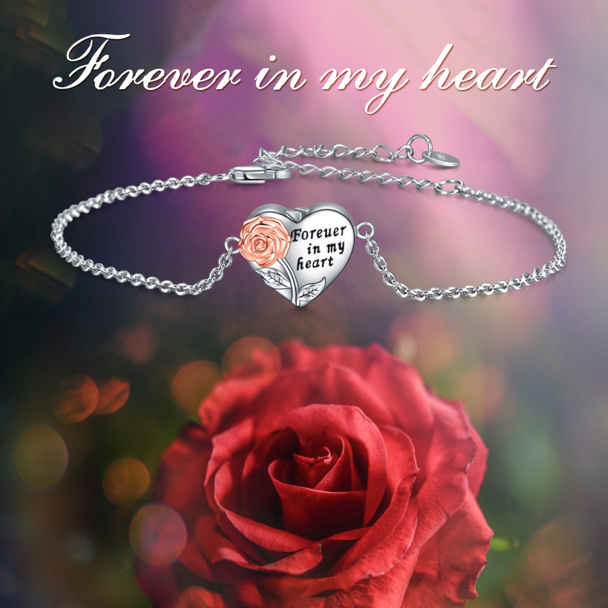 Sterling Silver Two-tone Rose & Heart Urn Bracelet for Ashes with Engraved Word-3